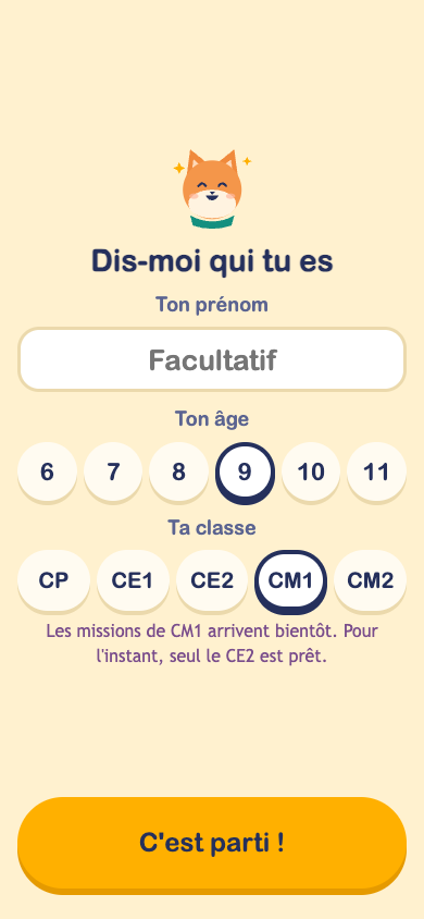Écran de profil : prénom, âge et classe