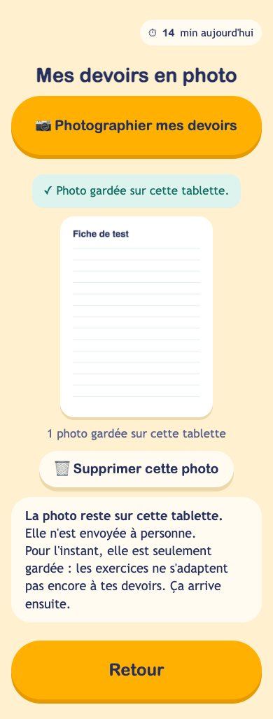 Aperçu d'une photo de devoirs gardée sur l'appareil